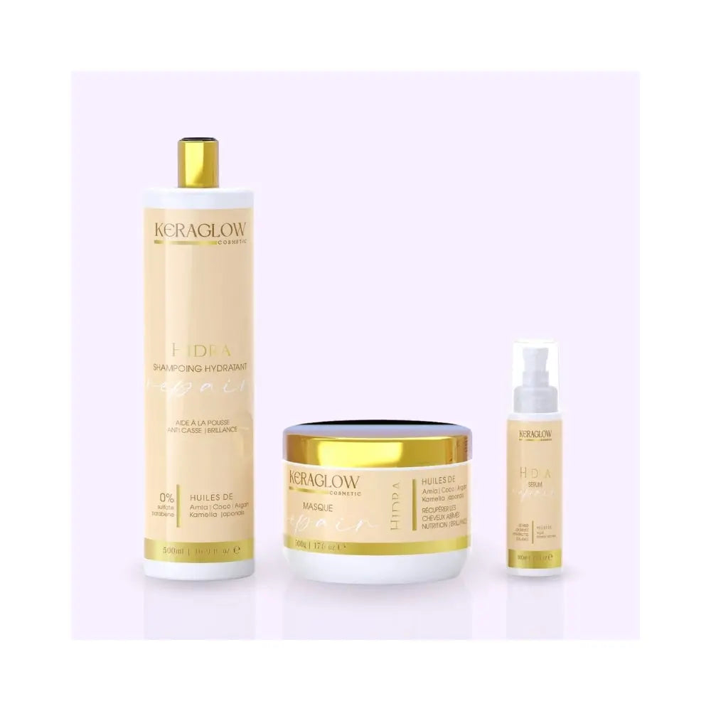 KERAGLOW | Hydra Repair | Trio Shampoing, masque et sérum Lissage Expert