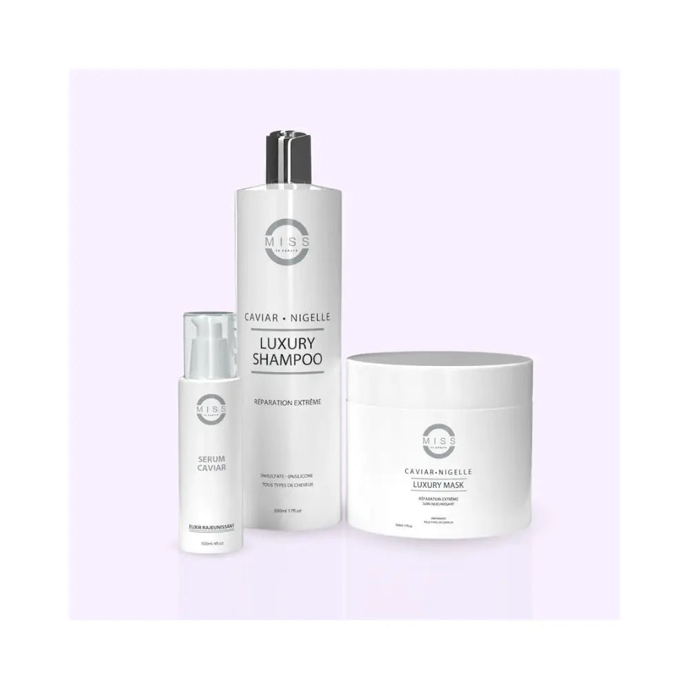 Miss 24 Carats | Gamme Caviar x Nigelle | Trio shampoing, masque & sérum Lissage Expert