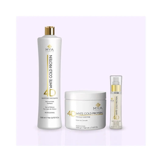 Mya Cosmetic | White Gold Protein 4D | Shampoing, masque & sérum Lissage Expert